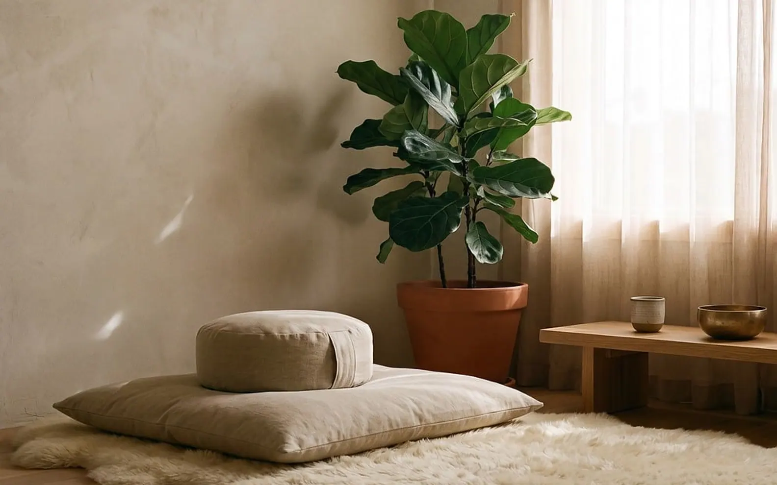 Meditation, cushion and plant