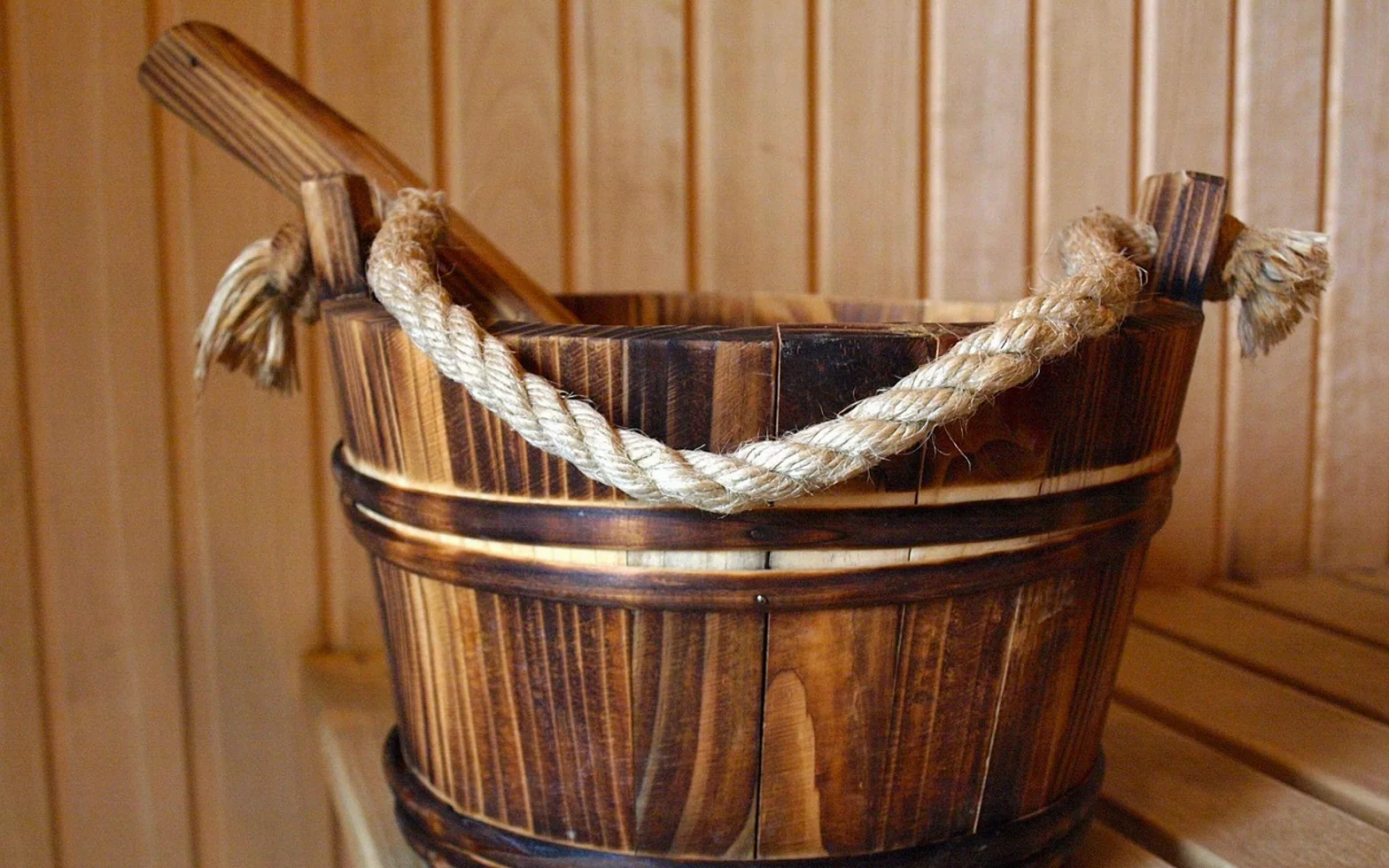 Sauna, water bucket and wooden bucket